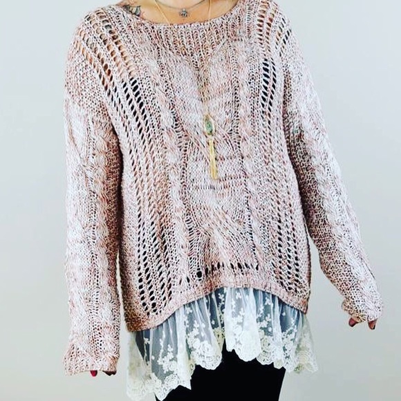 NWOT- Pink/Brown Laced Hem Oversized Knit Sweater